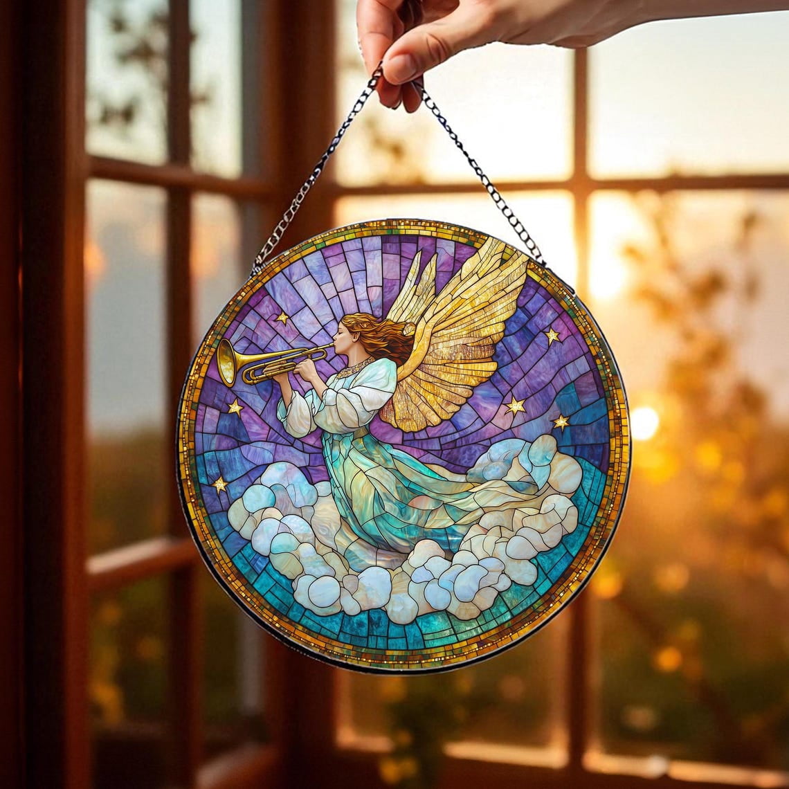 Angel Playing Trumpet Glass Suncatcher, Heavenly Golden Wings Spiritual ...