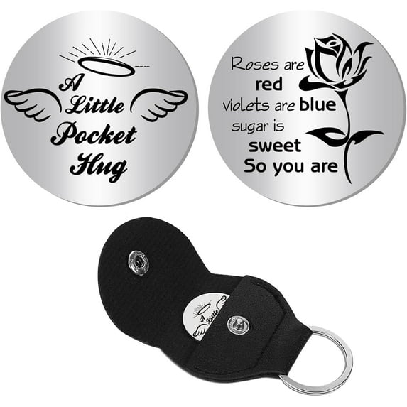 Angel Pocket Hug Token Long Distance Relationship Keepsake Engraved Stainless Steel Double Sided Pocket Token Coin with PU Leather Keychains for Friends Family Inspirational Gift 1.2Inch