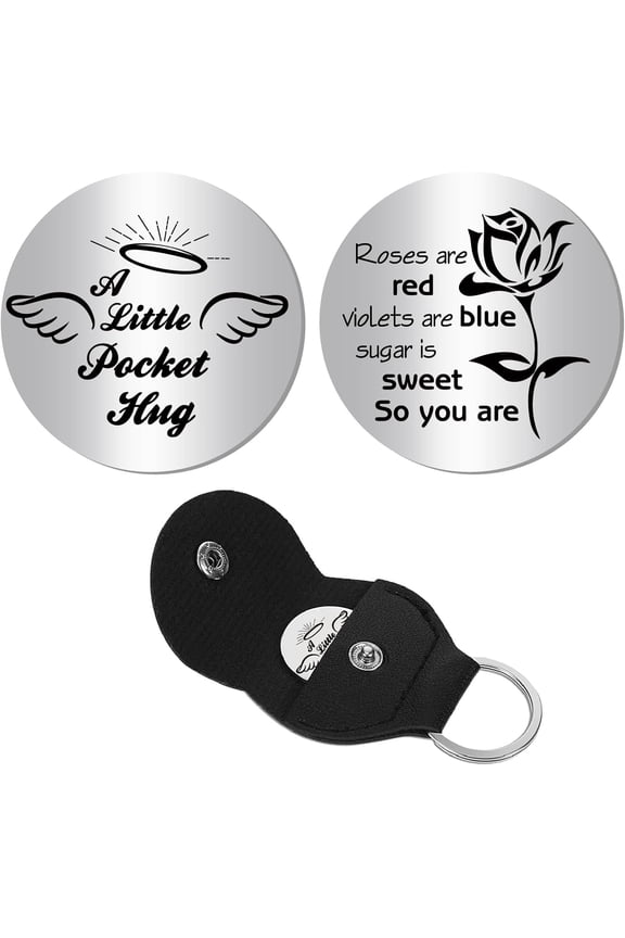Angel Pocket Hug Token Long Distance Relationship Keepsake Engraved Stainless Steel Double Sided Pocket Token Coin with PU Leather Keychains for Friends Family Inspirational Gift 1.2Inch