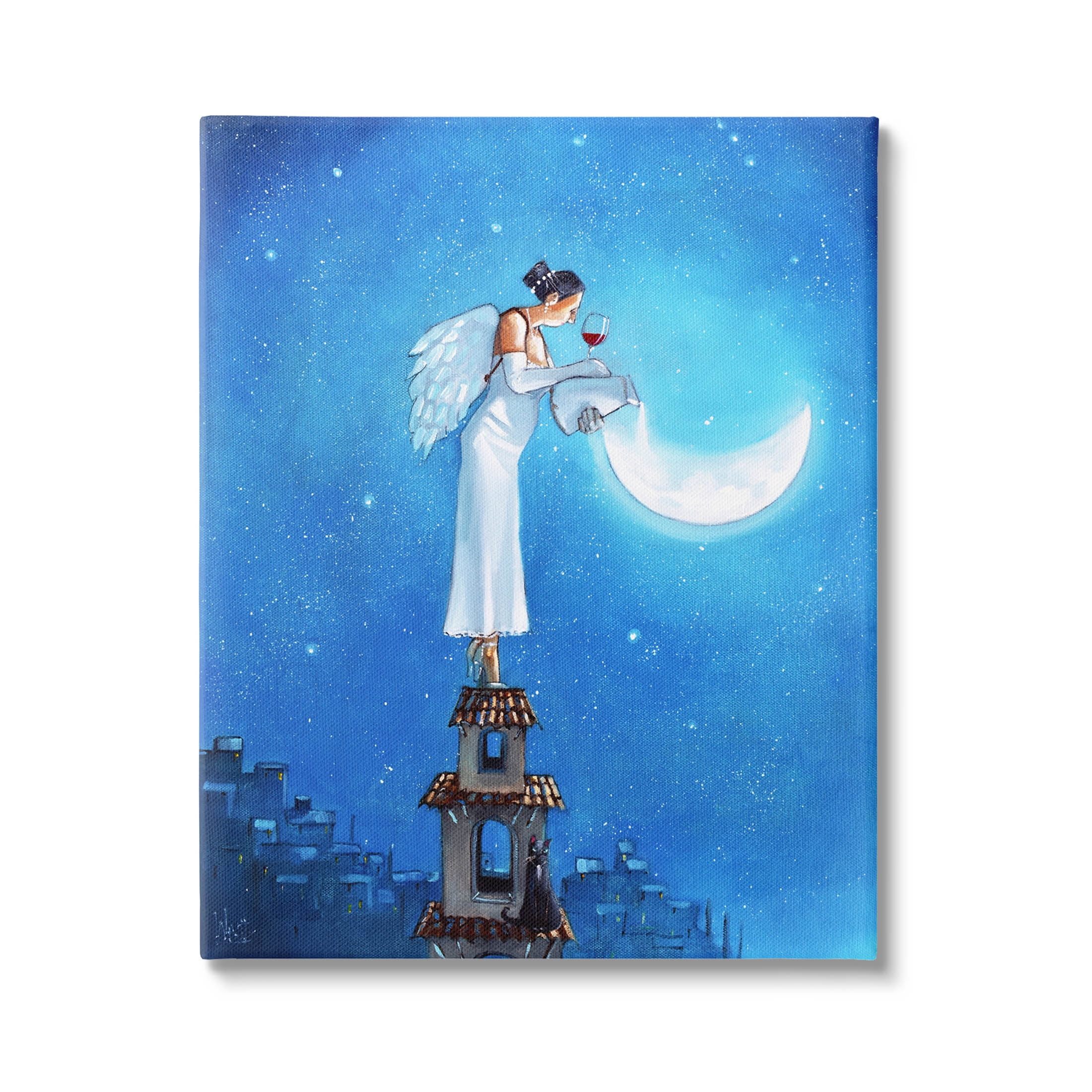 Angel Pouring Moon Cityscape Blue Canvas Wall Art 30" x 40"