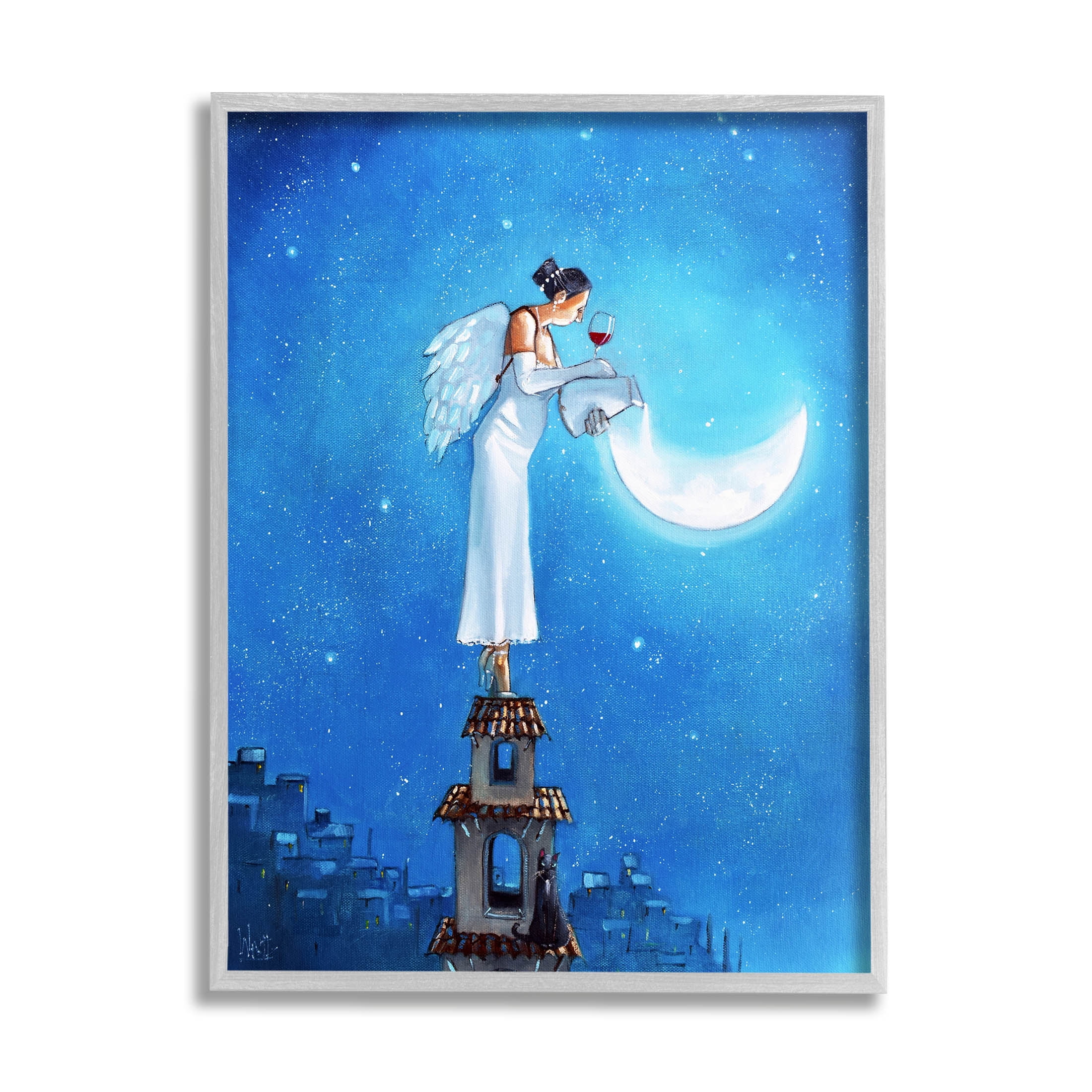 Angel Pouring Moon Cityscape Landscape Painting Gray Framed Art Print Wall Art