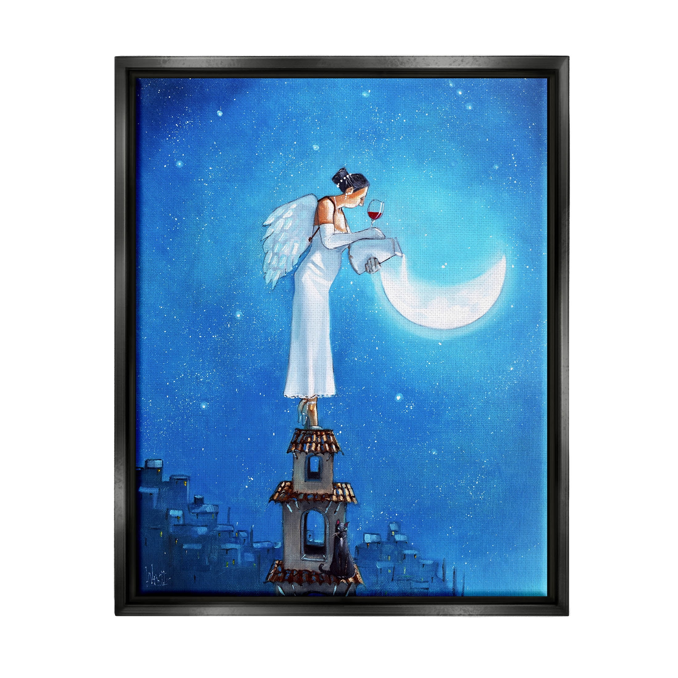 Angel Pouring Moon Cityscape Landscape Painting Jet Black Framed Art Print Wall Art
