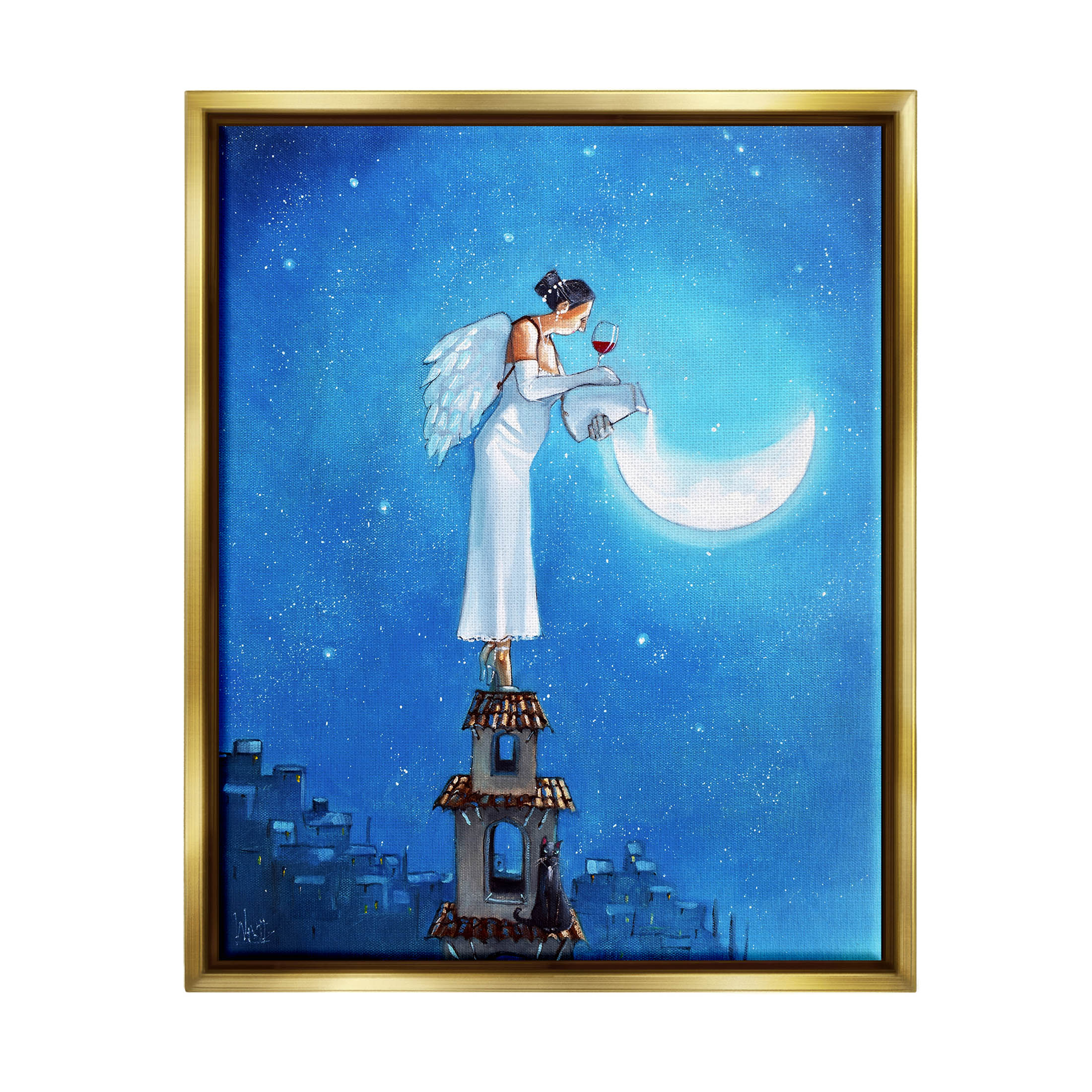 Angel Pouring Moon Cityscape Landscape Painting Metallic Gold Framed Art Print Wall Art