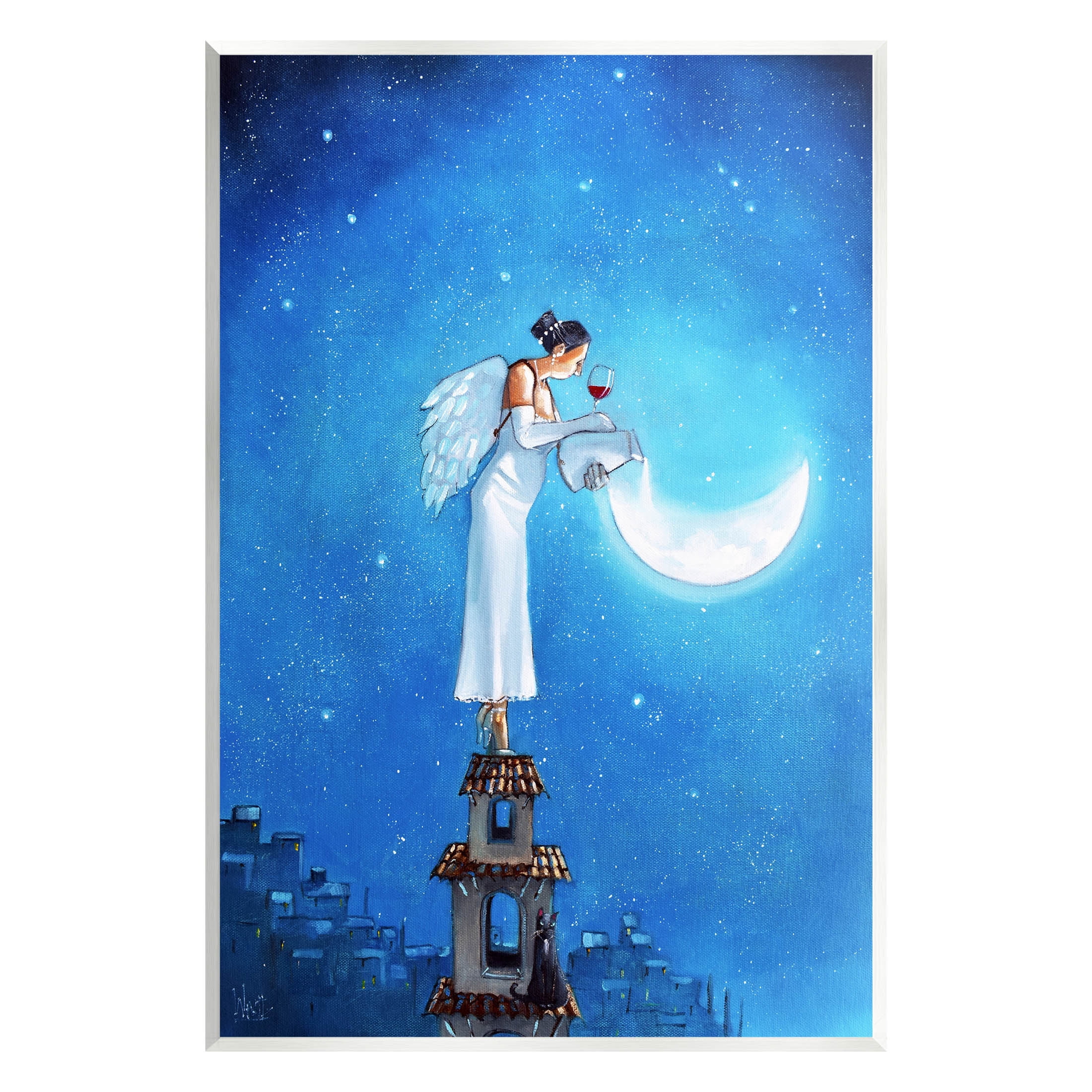 Angel Pouring Moon Cityscape Landscape Painting Unframed Art Print Wall Art