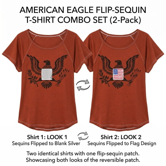 ANGEL PREMIUM Women's 2-Pack Flip Sequin Eagle Graphic Dolman Sleeve T-Shirt Combo Set