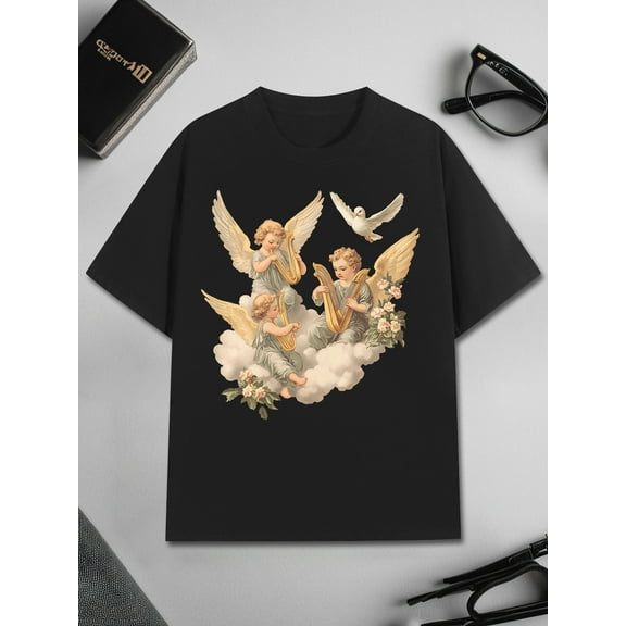 Angel Print Men'S Cotton T-Shirt Vintage Graphic Printed 100% Cotton 220g Tee Round Neck Short Sleeve