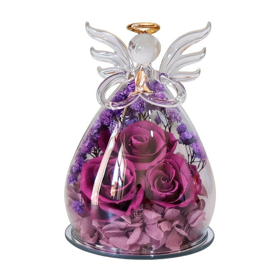 Angel Roses Gifts for Mom – Preserved Real Flowers in Glass Angel Figurine, Elegant Christmas and Birthday Gifts for Grandma, Women, Mom, Wife, Mother-in-Law (Purple Roses)