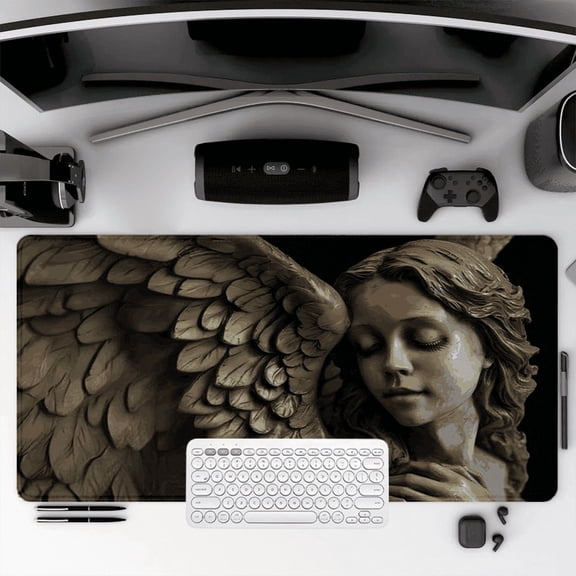 Angel Sculpture Mouse Pad 35.4 x 15.8 inches Rubber Desk Mat with Detailed Wing Design for Office and Home Use