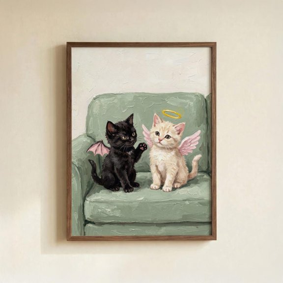 Angel Shadow Kittens Green Couch Illustration Poster
