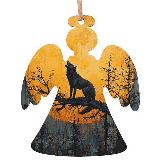 Angel Shape Christmas Wooden Hanging Ornaments, 6 Pcs, Xmas Tree Decor for Home Office with Howling Wolf Moon Night Vintage Design