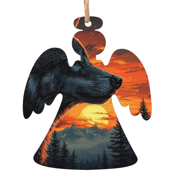 Angel Shape Christmas Wooden Hanging Ornaments, 6 Pcs, Xmas Tree Decor for Home Office with Night Wolf Design