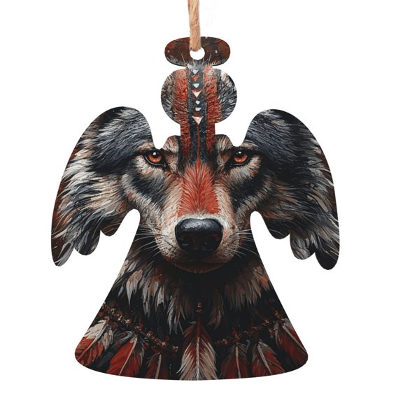 Angel Shape Christmas Wooden Hanging Ornaments, 6 Pcs, Xmas Tree Decor for Home Office with Tribal Ethnic Wolf Design