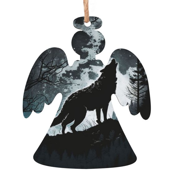 Angel Shape Christmas Wooden Hanging Ornaments, 6 Pcs, Xmas Tree Decor for Home Office with Wolf Howling Full Moon Black Design