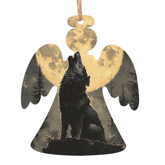 Angel Shape Christmas Wooden Hanging Ornaments, 6 Pcs, Xmas Tree Decor for Home Office with Wolf Howling Vintage Moon Night Design