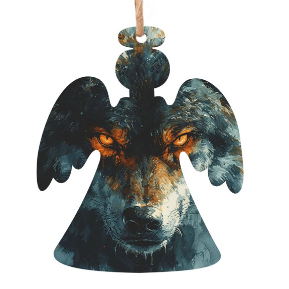 Angel Shape Christmas Wooden Hanging Ornaments, 6 Pcs, Xmas Tree Decor for Home Office with Wolf Painting Watercolor Design