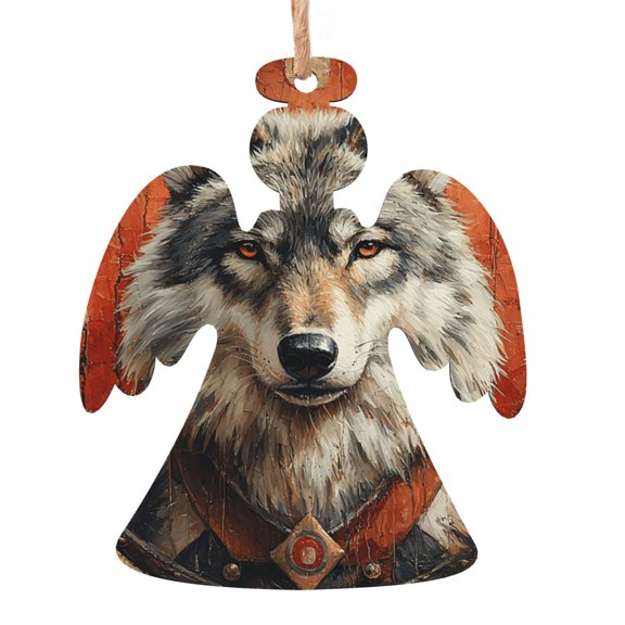 Angel Shape Christmas Wooden Hanging Ornaments, 6 Pcs, Xmas Tree Decor for Home Office with Wolf Southwestern Western Vintage Design