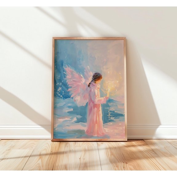 Angel Silhouette Holding Glowing Candle Serene Winter Art Peaceful Spiritual Wall Decor Print