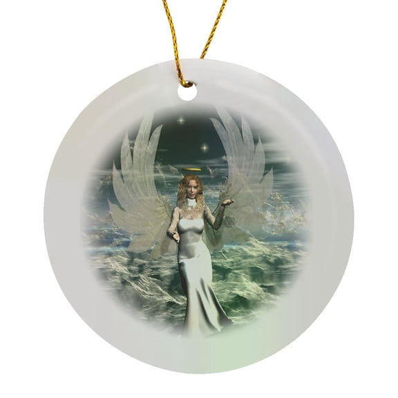 3drose, Angel Sitting on Clouds, Circle Porcelain Ornament