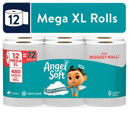 Angel Soft 2-Ply Toilet Paper, 12 Mega XL Rolls, 480 Sheets Per Roll