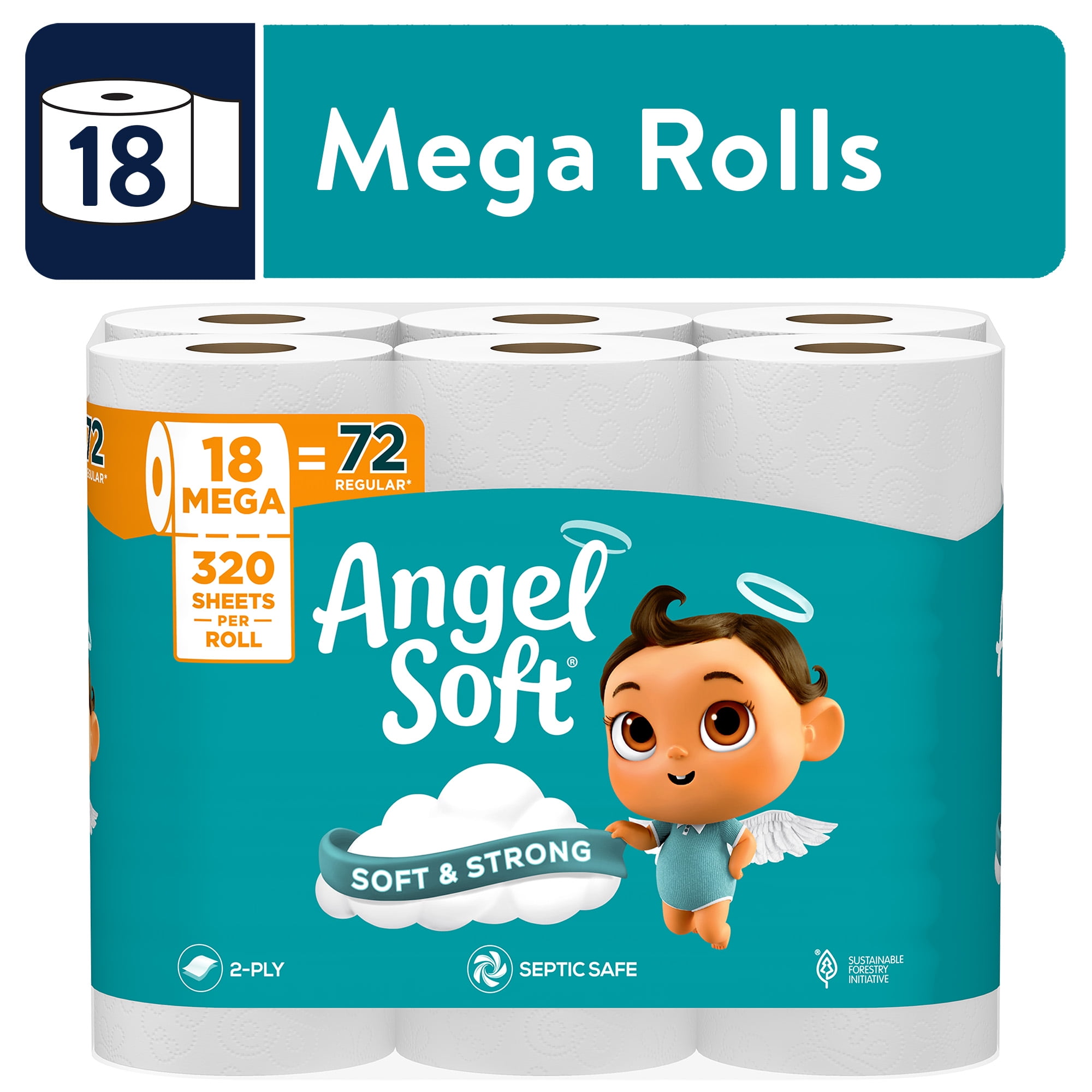 Angel Soft Large Bath Tissue, 18 Mega Rolls, Sustainable 4 Times Bigger ...