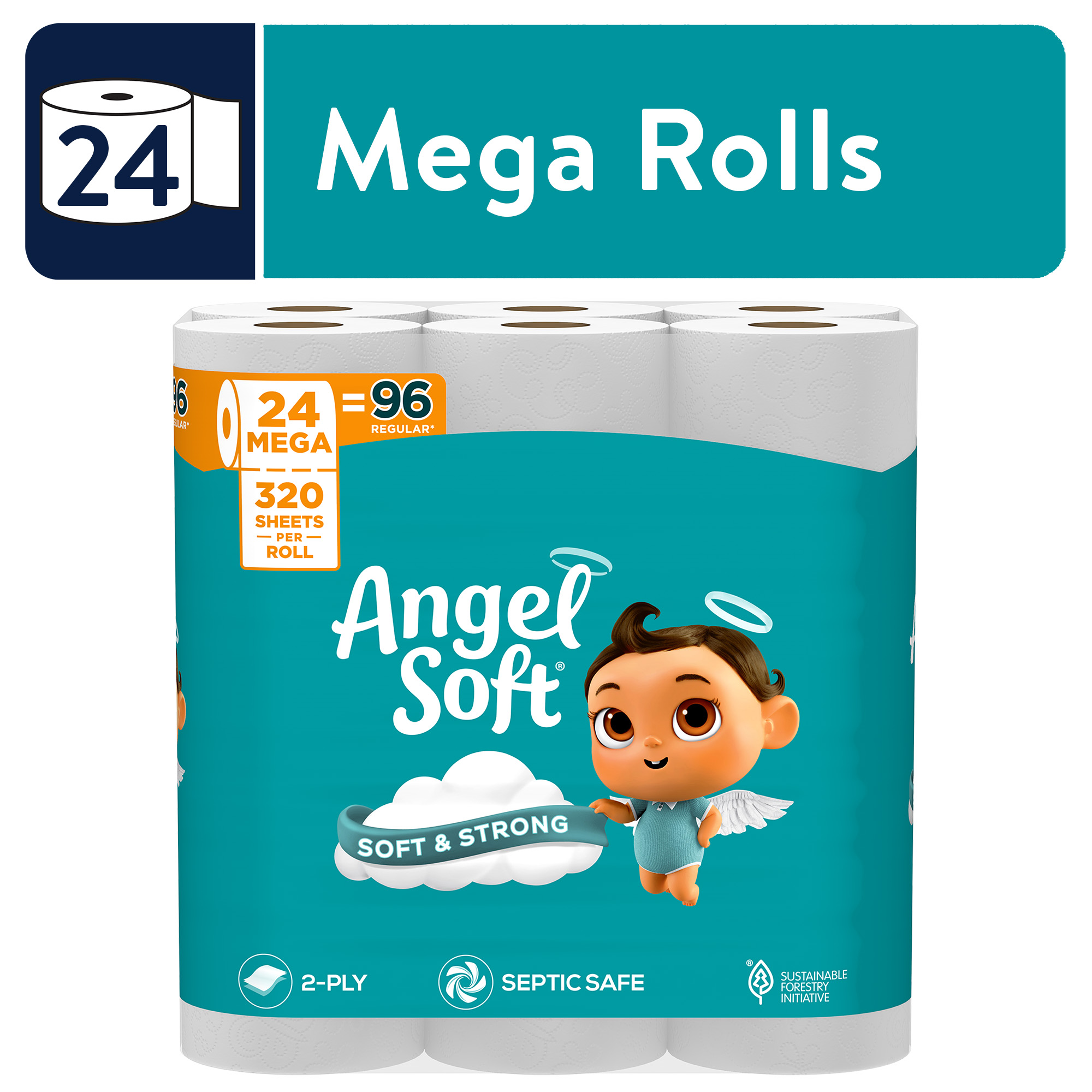 Angel Soft 2-Ply Toilet Paper, 24 Mega Rolls, 320 Sheets Per Roll