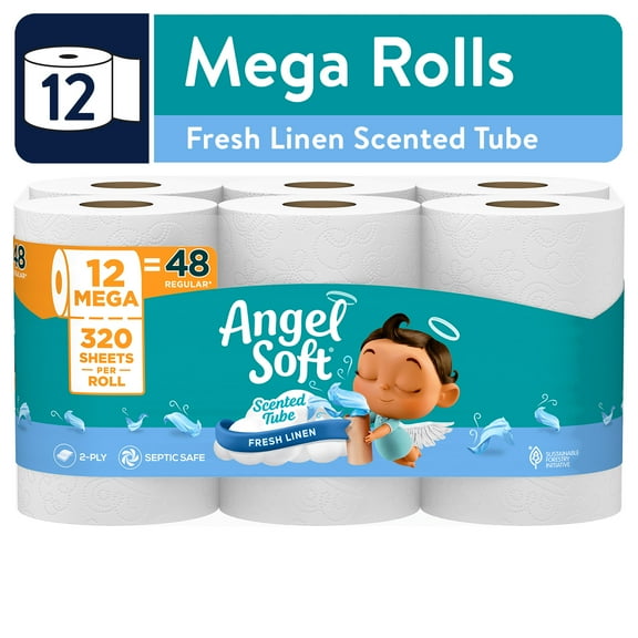 Angel Soft 2-Ply Toilet Paper, Fresh Linen Scented Tube, 12 Mega Rolls, 320 Sheets Per Roll