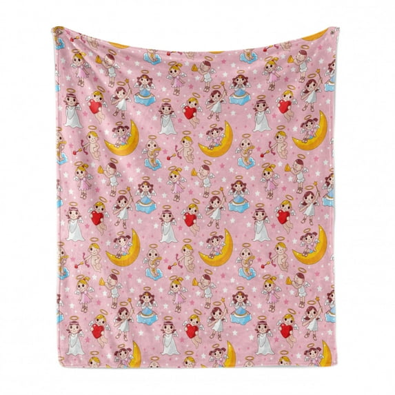 Angel Soft Flannel Fleece Blanket, Fairies Playing Music Halo Cheerful Supernatural Creatures Nursery Theme, Cozy Plush for Indoor and Outdoor Use, 50" x 60", Earth Yellow Pale Pink, by Ambesonne