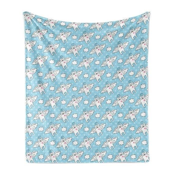 Angel Soft Flannel Fleece Throw Blanket, Cat Angels Flying High Hearts Happiness Kids Nursery Kitty Love Heavenly Wings, Cozy Plush for Indoor and Outdoor Use, 60" x 80", Sky Blue White, by Ambesonne