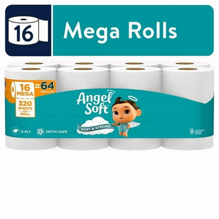 Angel Soft 2-Ply Toilet Paper, 16 Mega Rolls, 320 Sheets Per Roll