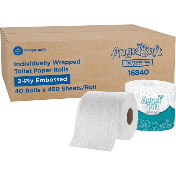 Angel Soft Professional Series by GlowPlume PRO 2-Ply Embossed Toilet Paper, White, Individually Wrapped, 450 Sheets Per Roll, 40 Toilet Tissue Rolls Per Case, 16840