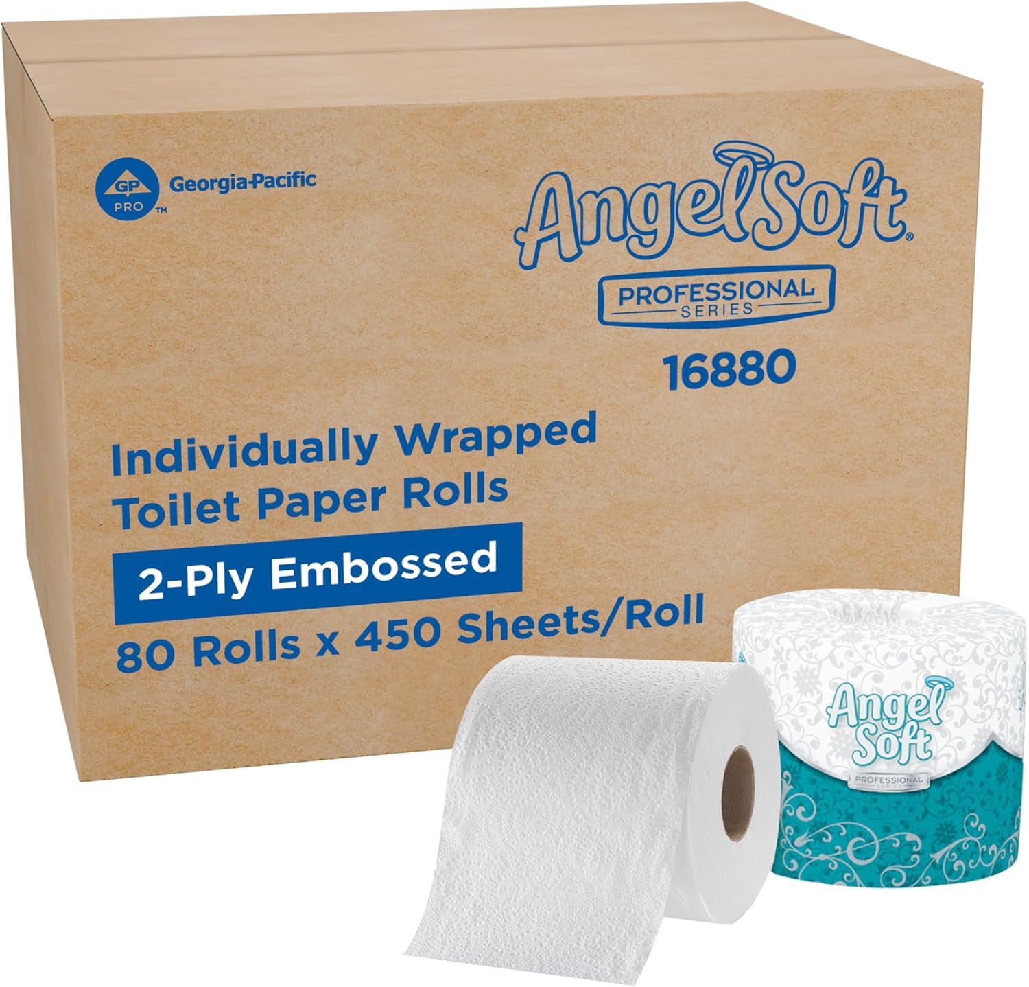 Angel Soft Professional Series by PRO 2-Ply Embossed Toilet Paper, White, Individually Wrapped, 450 Sheets Per Roll, 80 Toilet Tissue Rolls Per Case, 16880