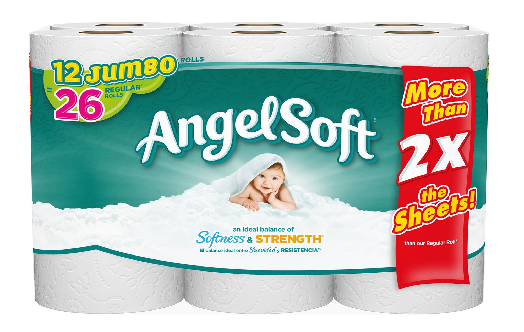 Angel Soft Toilet Paper, 12 Jumbo Rolls, Bath Tissue, White