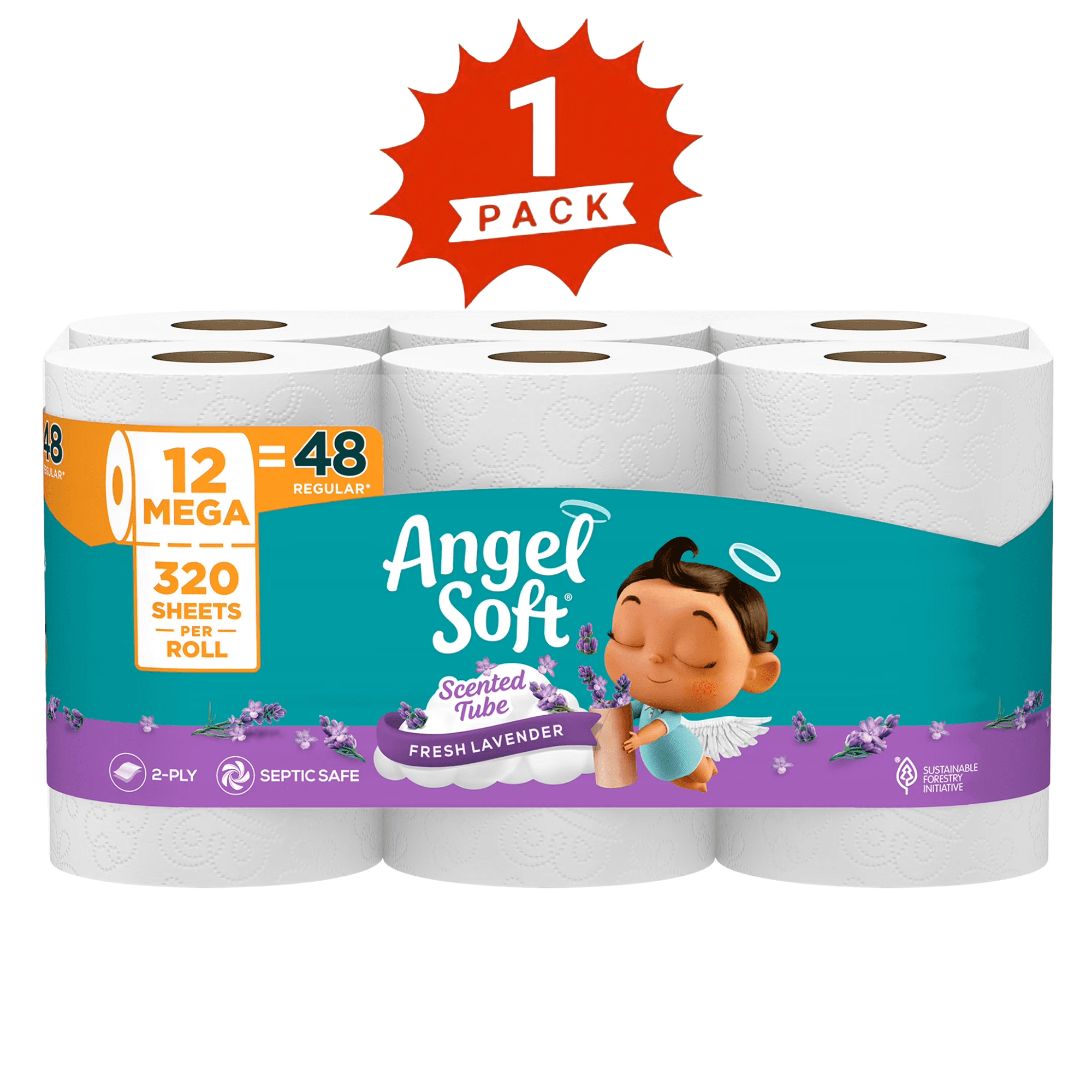 Angel Soft Toilet Paper, 12 Mega Rolls, 2-Ply Bath Tissue with Fresh Lavender Scented Tube, 320 Sheets per Roll (1-Pack)