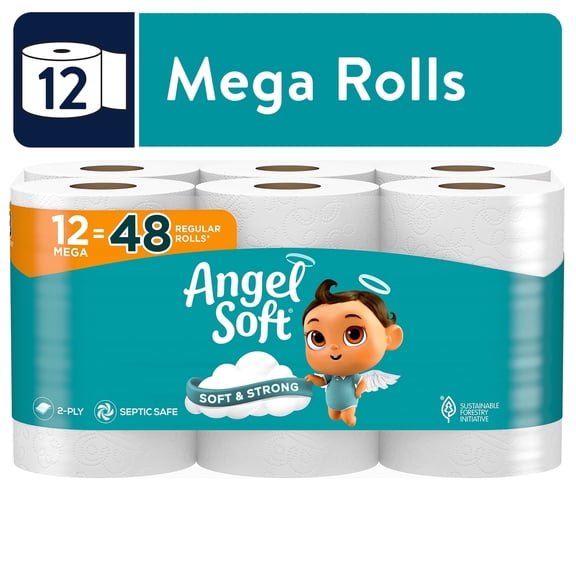 Angel Soft Toilet Paper, 12 Mega Rolls, 2-Ply Toilet Tissue