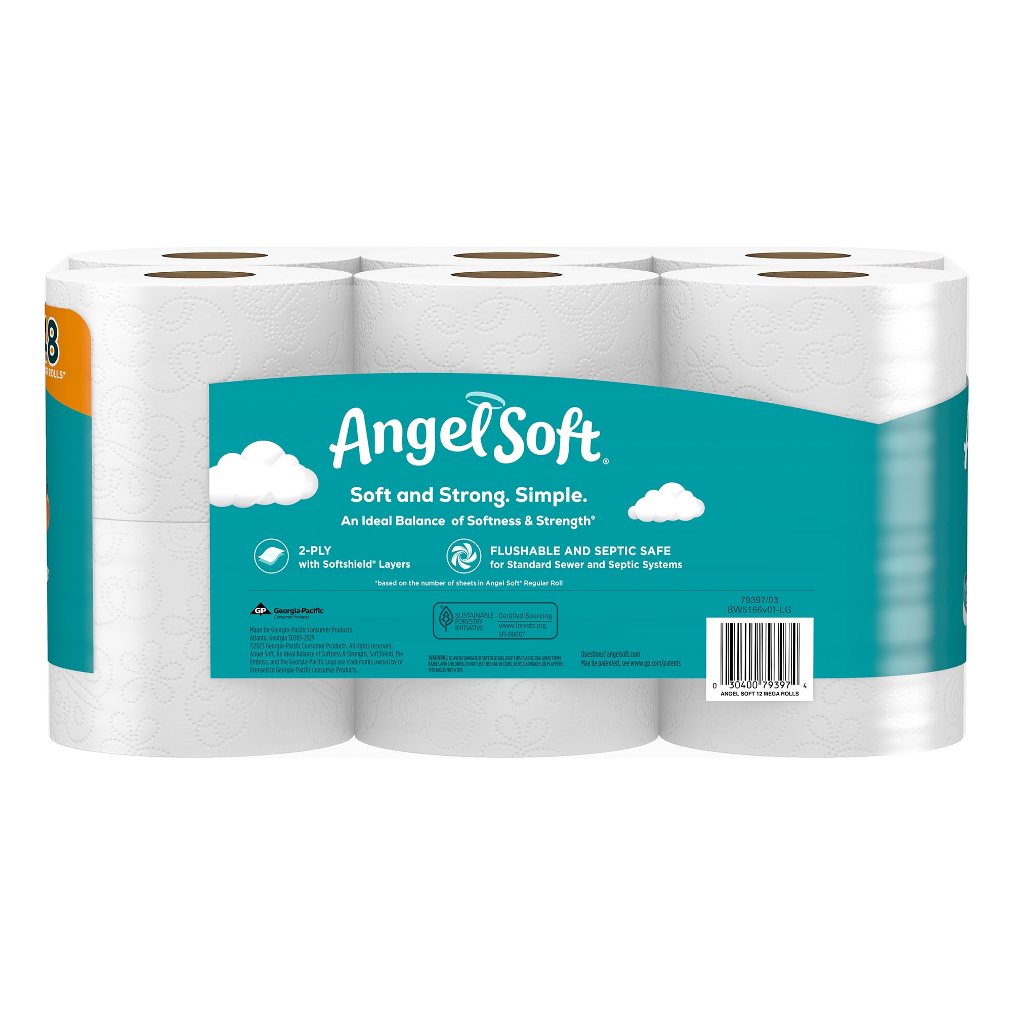 Angel Soft Toilet Paper, 12 Mega Rolls, 2Ply Toilet Tissue