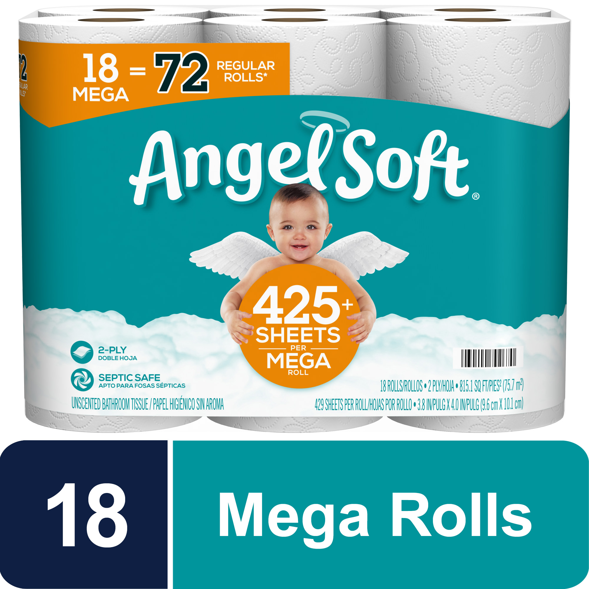 Angel Soft Toilet Paper, 18 Mega Rolls = 72 Regular Rolls, 2-Ply Bath Tissue - image 1 of 14