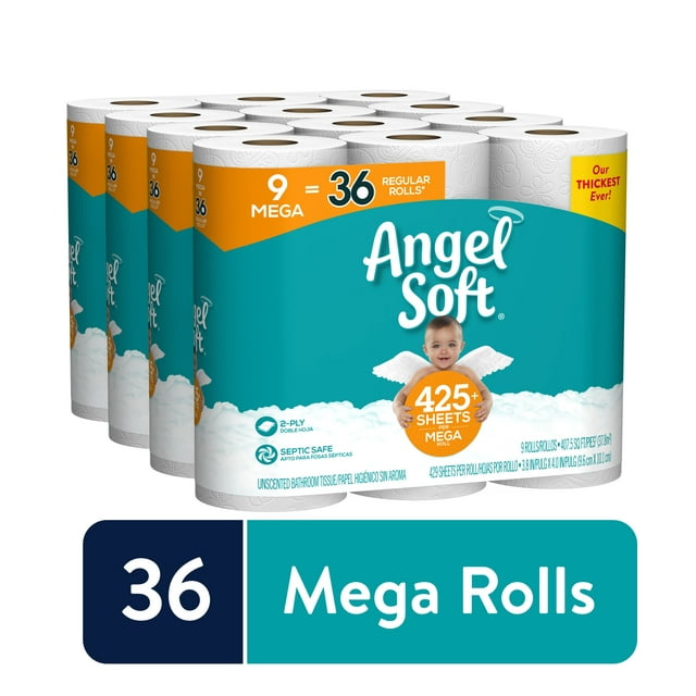 Angel Soft Toilet Paper, 36 Mega Rolls = 144 Regular Rolls, 2-Ply Bath Tissue - (4 Packs of 9 Rolls per Case)
