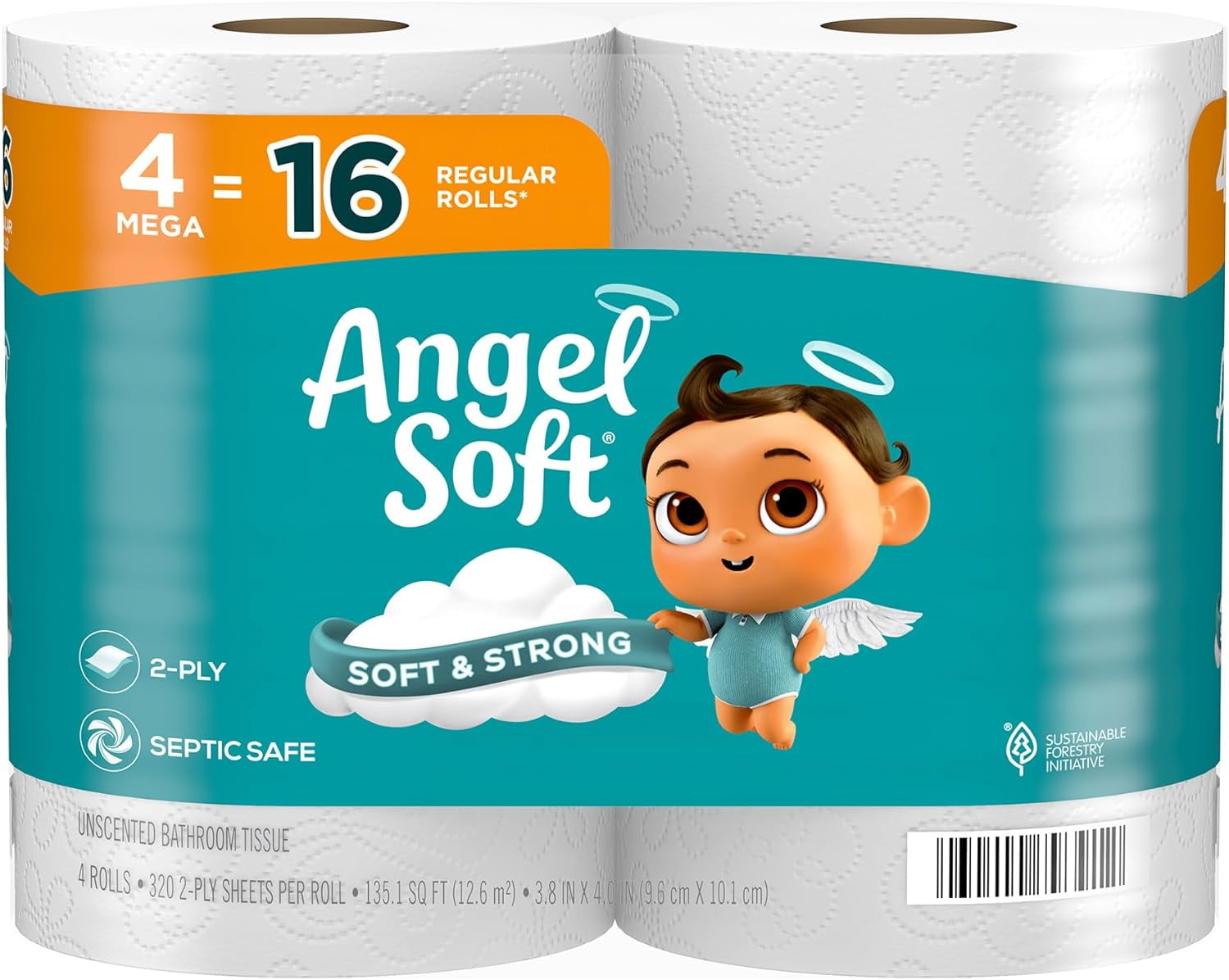 Angel Soft Toilet Paper, 4 Mega Rolls = 16 Regular Rolls, Soft and