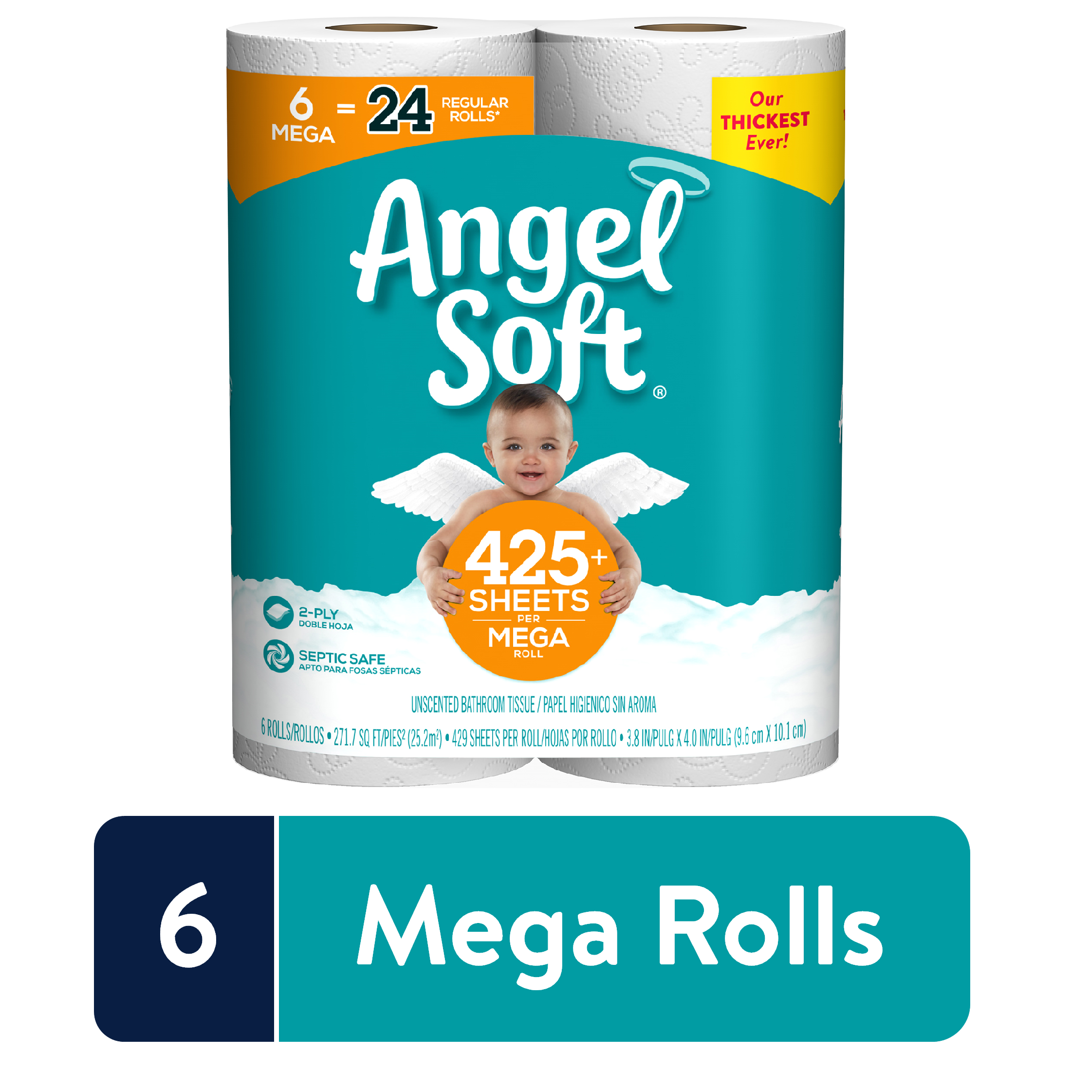 Angel Soft Toilet Paper, 6 Mega Rolls = 24 Regular Rolls, 2-Ply Bath Tissue - image 1 of 14