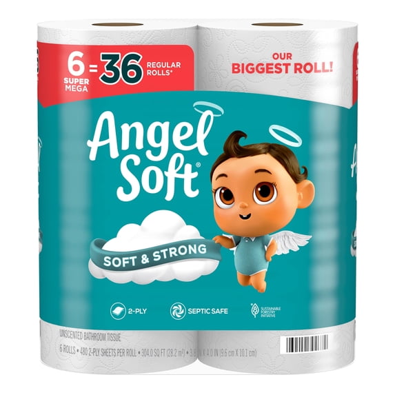 Angel Soft Toilet Paper, STF9 6 Super Mega Rolls = 36 Regular Rolls, Soft and Strong Toilet Tissue