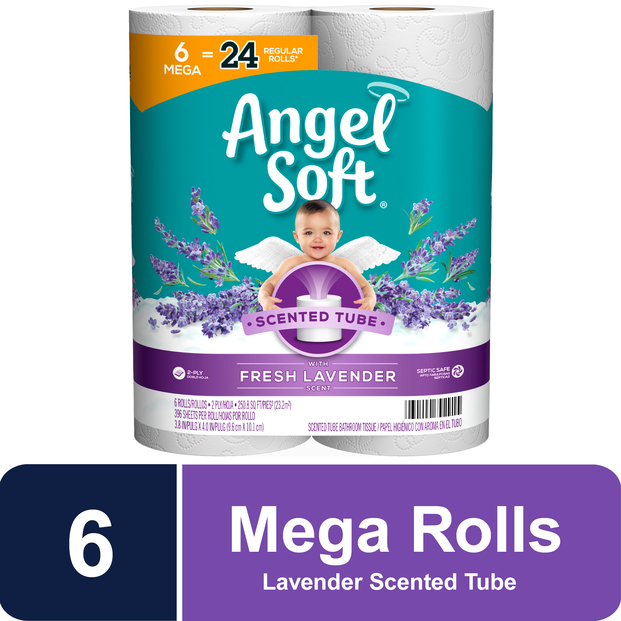 Angel Soft Toilet Paper, Fresh Lavender Scent, 6 Mega Rolls = 24 Regular Rolls, 2-Ply Bath Tissue - image 1 of 13