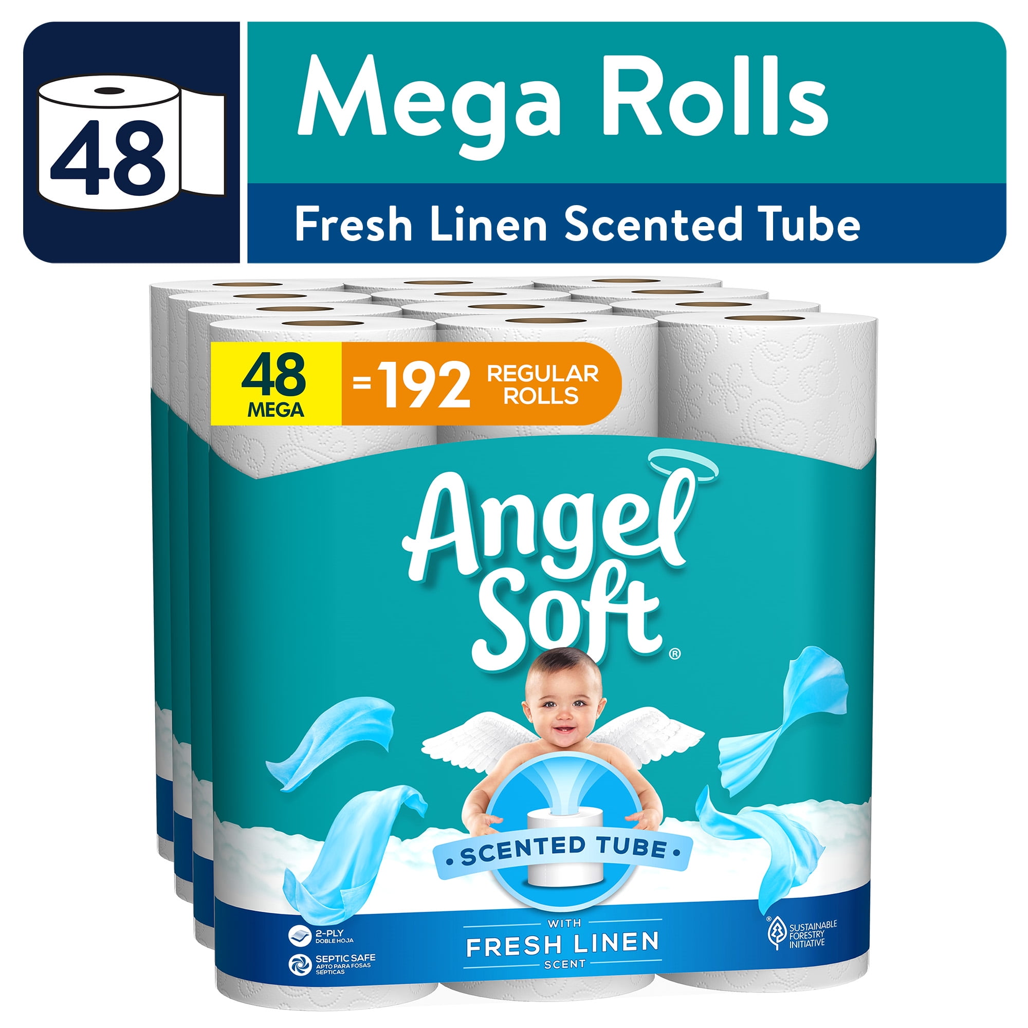 Angel Soft Toilet Paper with Fresh Linen Scented Tube, 48 Mega Rolls (4  Packs of 12 Rolls) 
