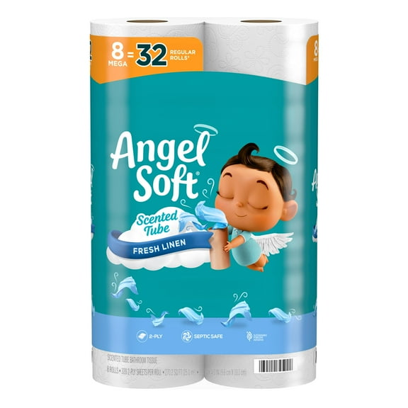 Angel Soft Toilet Paper with Fresh Linen Scented Tube, 8 Mega Rolls = 32 Regular Rolls, Soft and Strong Toilet Tissue