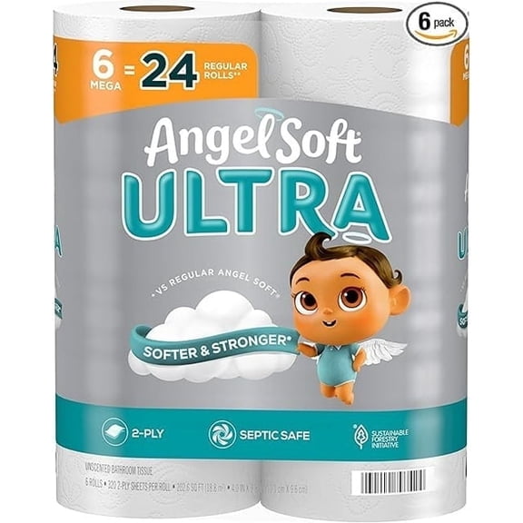 Angel Soft Ultra Toilet Paper, 6 Mega Rolls = 24 Regular Rolls, 2 Ply Toilet Tissue (1 pack)