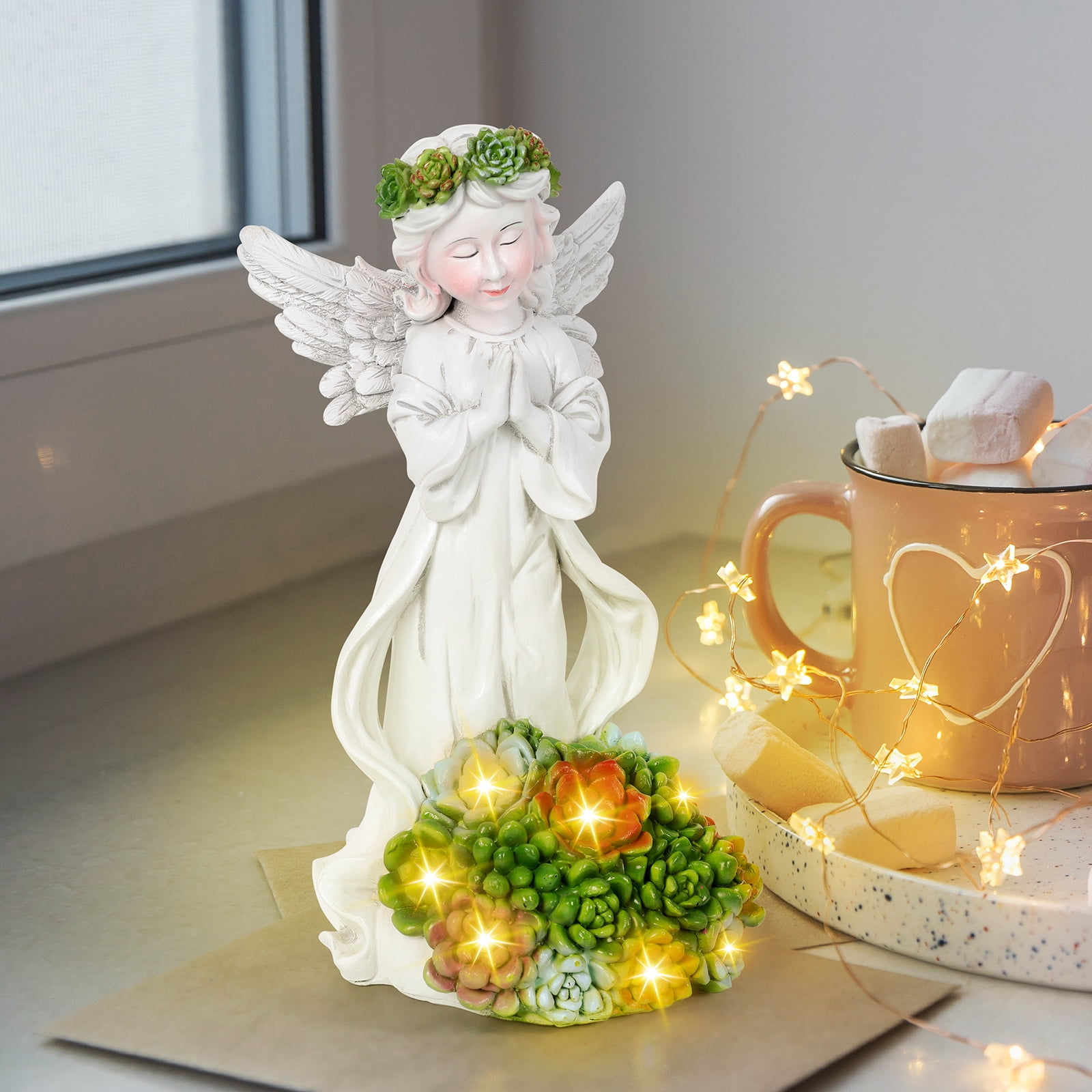 Angel Solar Garden Outdoor Statues with Succulent Plants and 6 LED ...