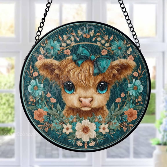 Highland Cow Stained Glass Suncatcher Metal Outdoor Decor Whimsical Floral Teal Peach