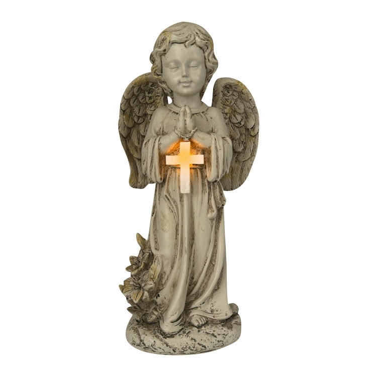 Solar Resin Praying Angel Garden Statue with Cross