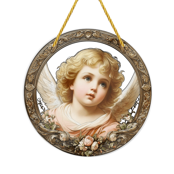 Angel Sun Catcher Wall Decor - Elegant Angel with Wings, Floral Patterns - Large 8x8 Inch Acrylic Window Hanging for Living Room, Wedding, Birthday - Easy Hanging Loop