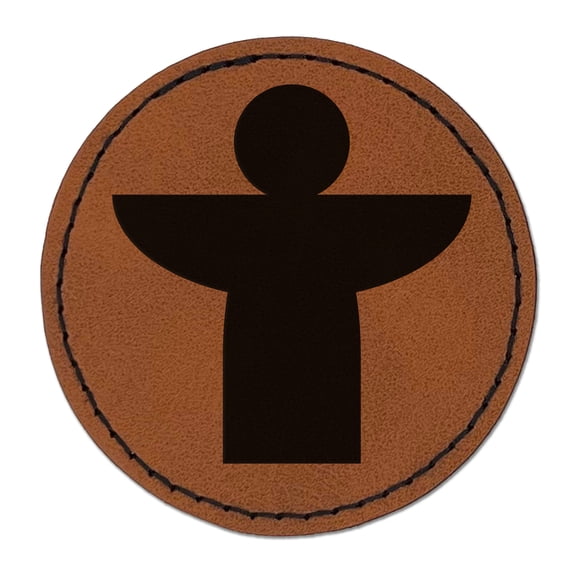 Angel Symbol 2.5" Faux Leather Round Engraved Iron-On Patch - Brown