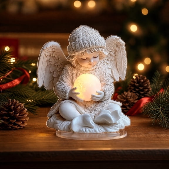 Angel Tabletop Decoration with Glowing Orb and Detailed Wings, White Resin, for Home Display, Christmas Decoration